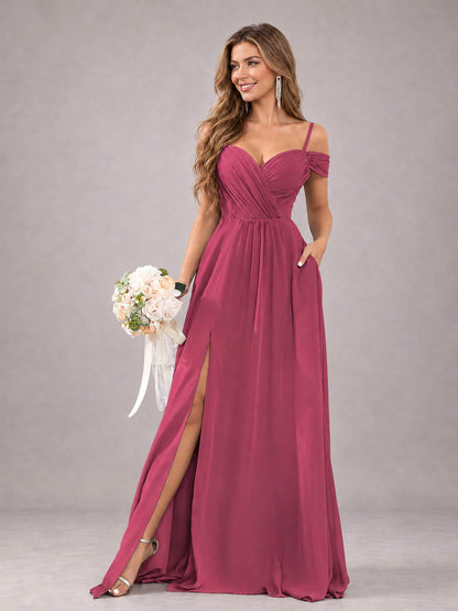 Desert Rose Trendy Off The Shoulder Spaghetti Straps Chiffon Bridesmaid Dress