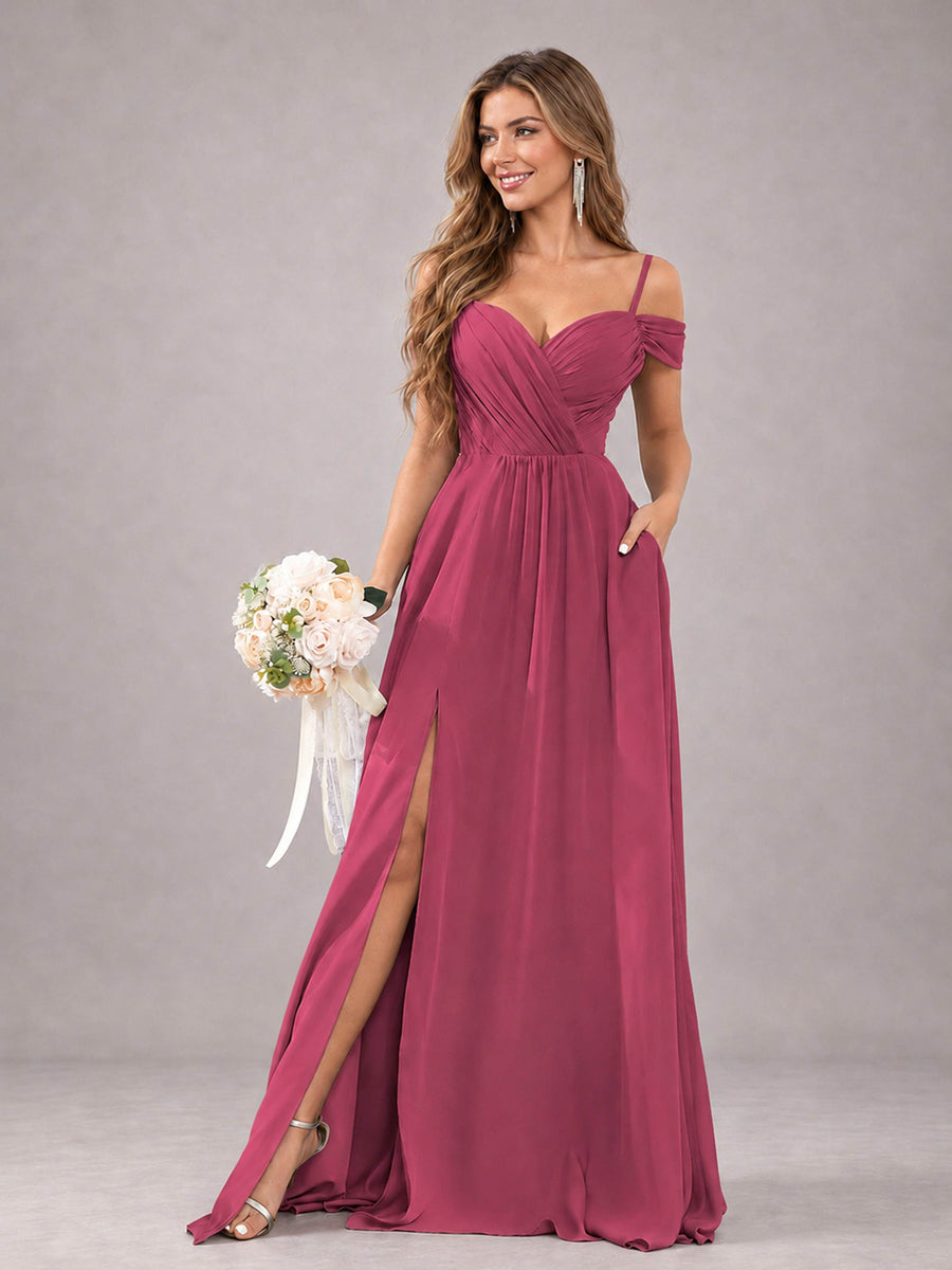 Desert Rose Trendy Off The Shoulder Spaghetti Straps Chiffon Bridesmaid Dress