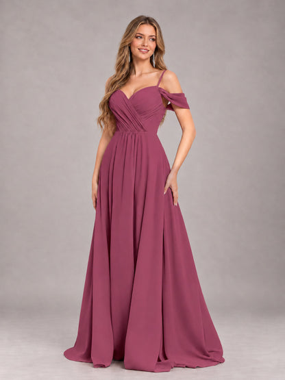 Desert Rose Trendy Off The Shoulder Spaghetti Straps Chiffon Bridesmaid Dress