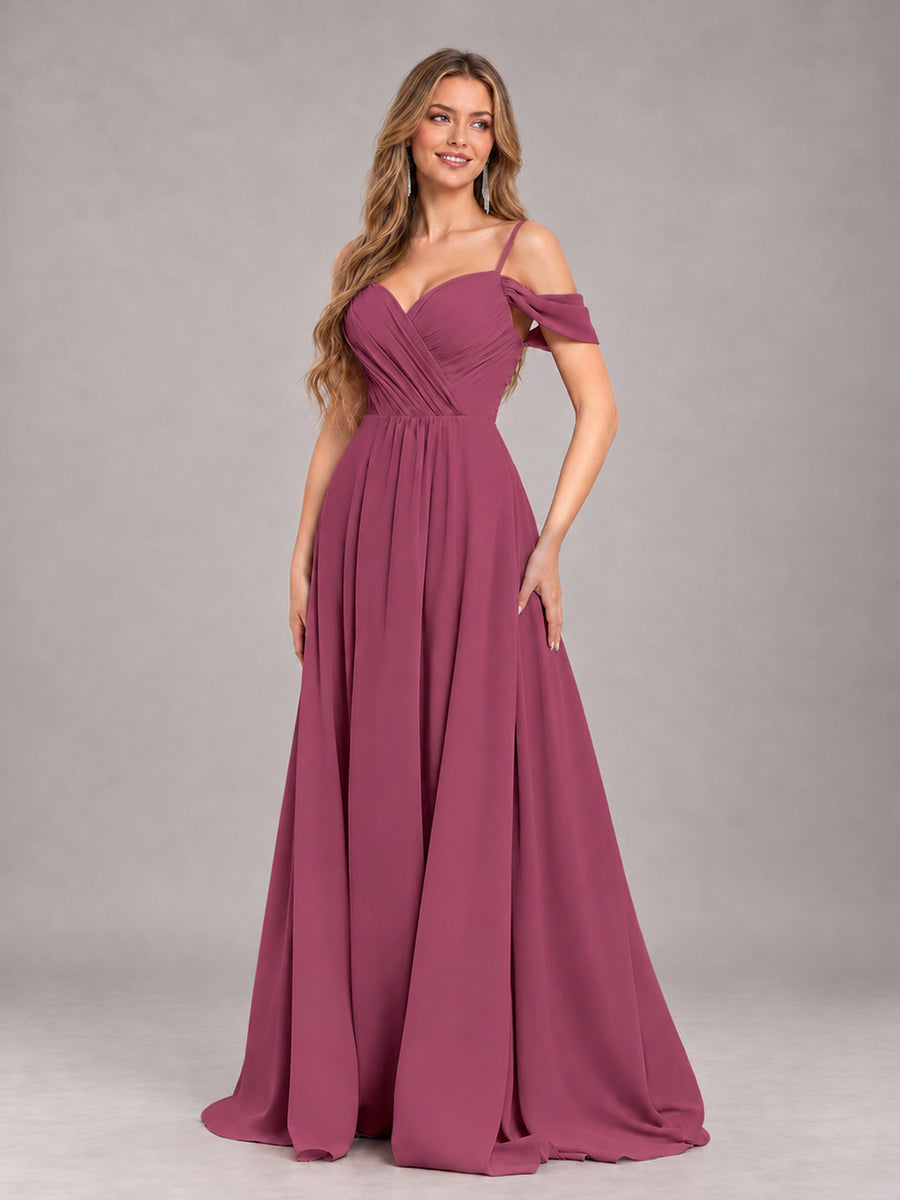 Desert Rose Trendy Off The Shoulder Spaghetti Straps Chiffon Bridesmaid Dress