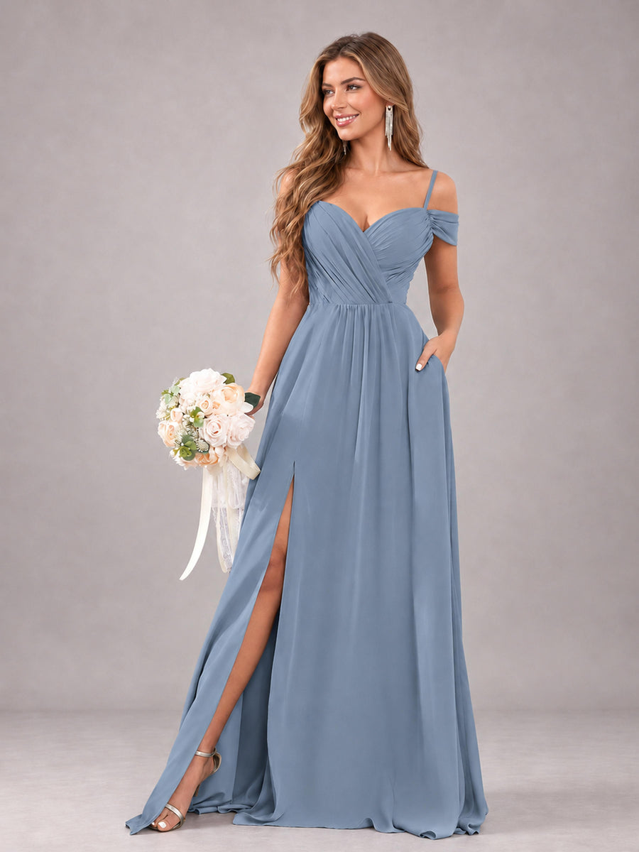 Dusty Blue Trendy Off The Shoulder Spaghetti Straps Chiffon Bridesmaid Dress
