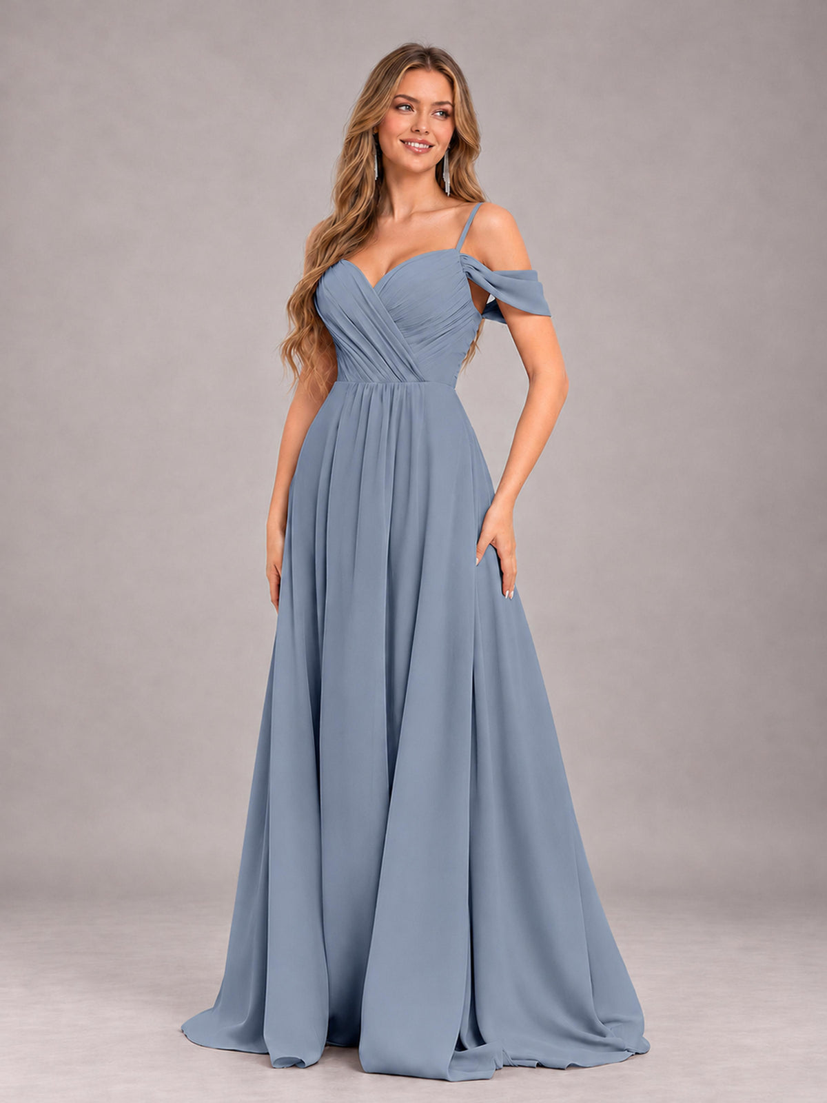 Dusty Blue Trendy Off The Shoulder Spaghetti Straps Chiffon Bridesmaid Dress