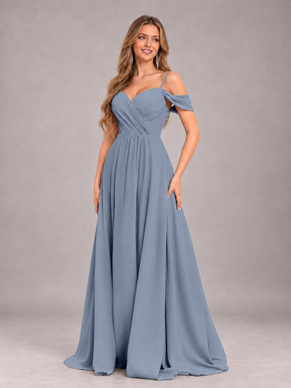 Dusty Blue Trendy Off The Shoulder Spaghetti Straps Chiffon Bridesmaid Dress