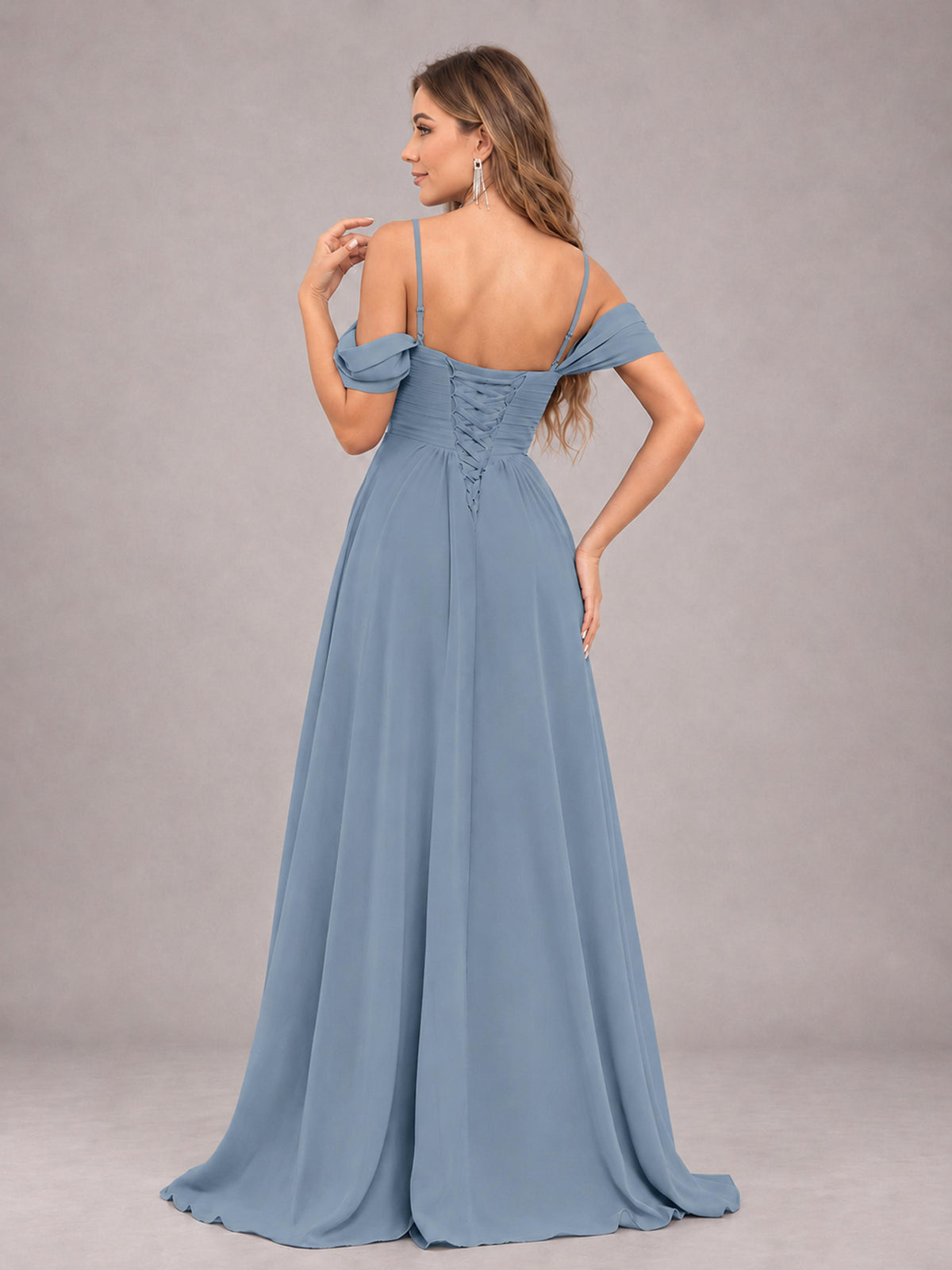 Dusty Blue Trendy Off The Shoulder Spaghetti Straps Chiffon Bridesmaid Dress