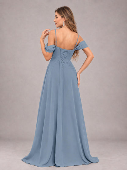 Dusty Blue Trendy Off The Shoulder Spaghetti Straps Chiffon Bridesmaid Dress