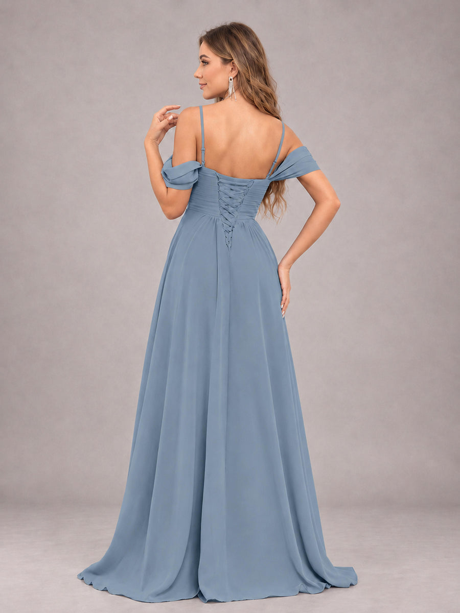 Dusty Blue Trendy Off The Shoulder Spaghetti Straps Chiffon Bridesmaid Dress