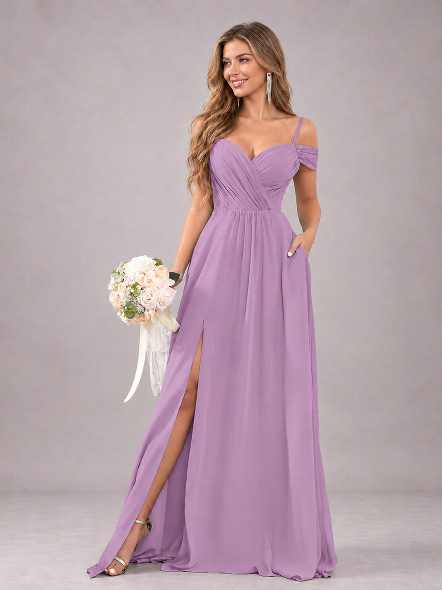 Dusty Purple Trendy Off The Shoulder Spaghetti Straps Chiffon Bridesmaid Dress