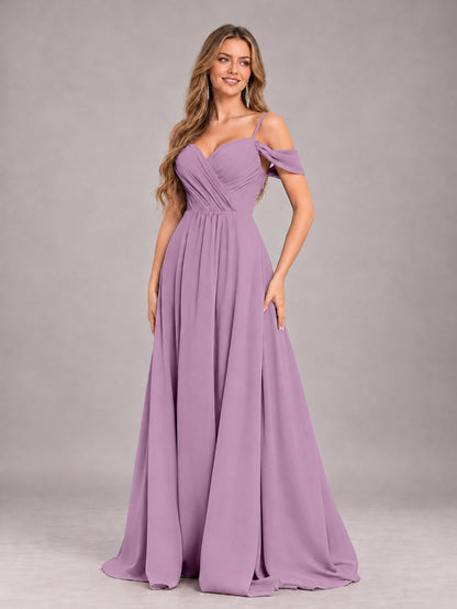 Dusty Purple Trendy Off The Shoulder Spaghetti Straps Chiffon Bridesmaid Dress