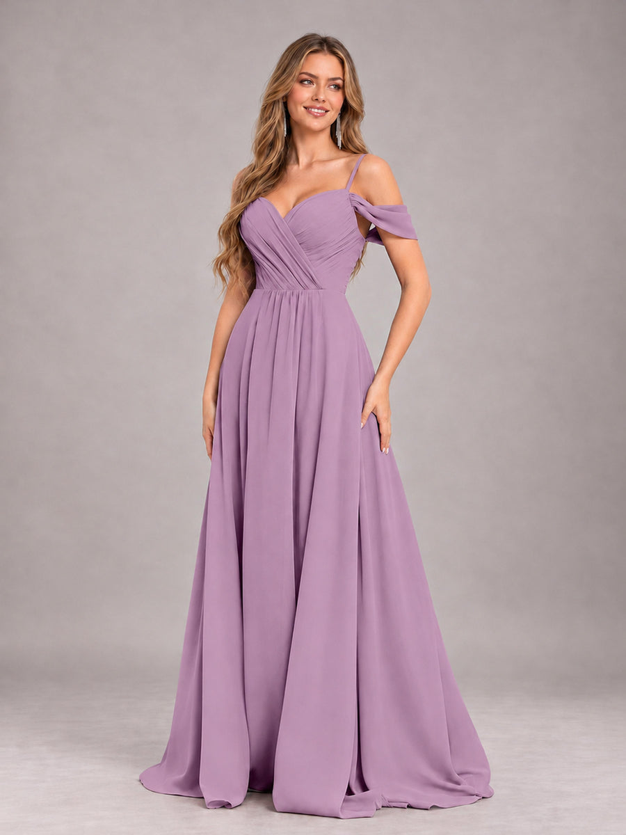Dusty Purple Trendy Off The Shoulder Spaghetti Straps Chiffon Bridesmaid Dress