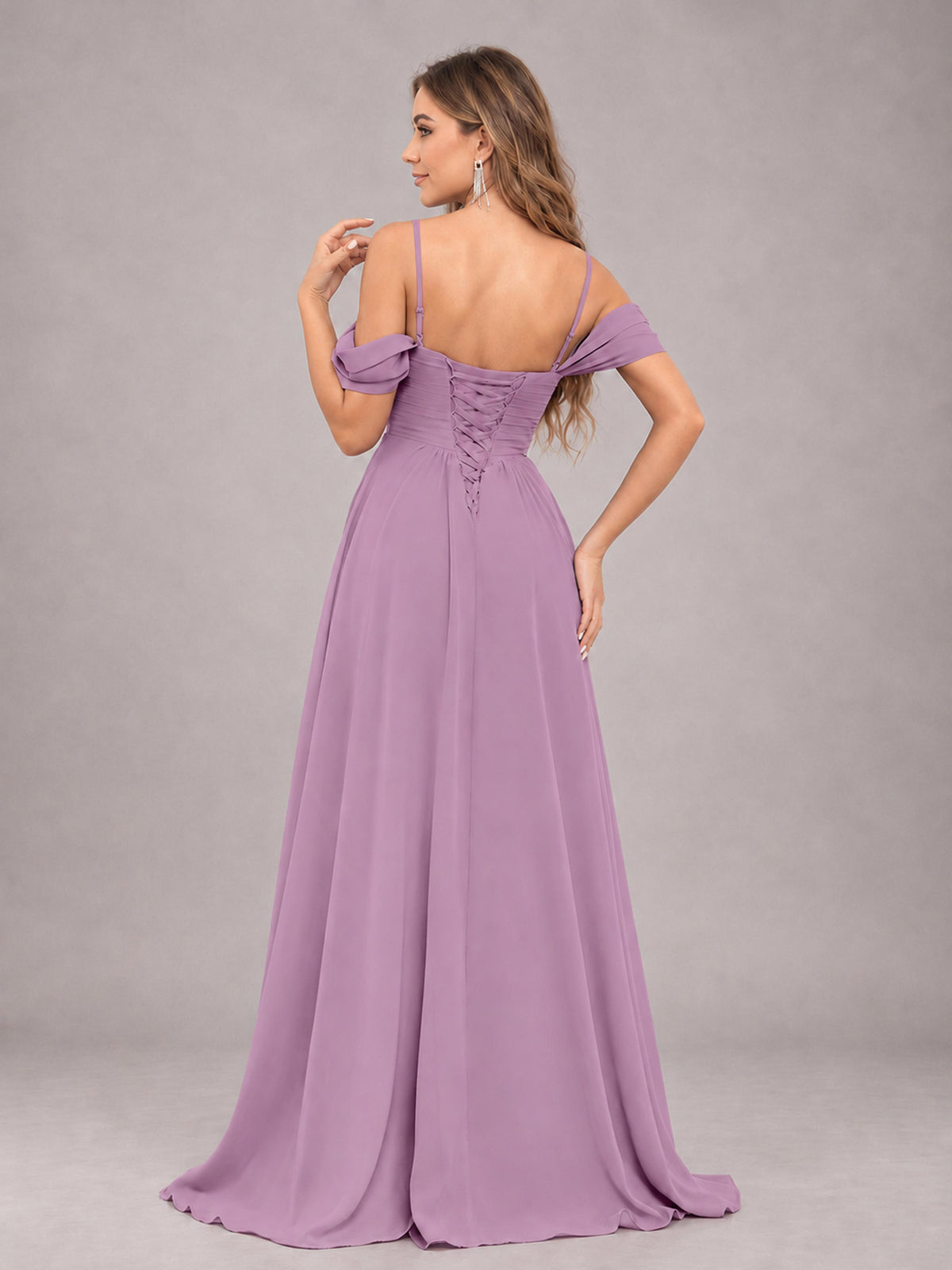 Dusty Purple Trendy Off The Shoulder Spaghetti Straps Chiffon Bridesmaid Dress