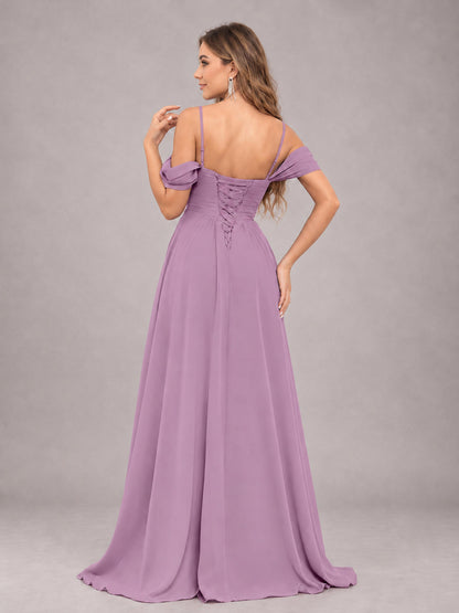Dusty Purple Trendy Off The Shoulder Spaghetti Straps Chiffon Bridesmaid Dress