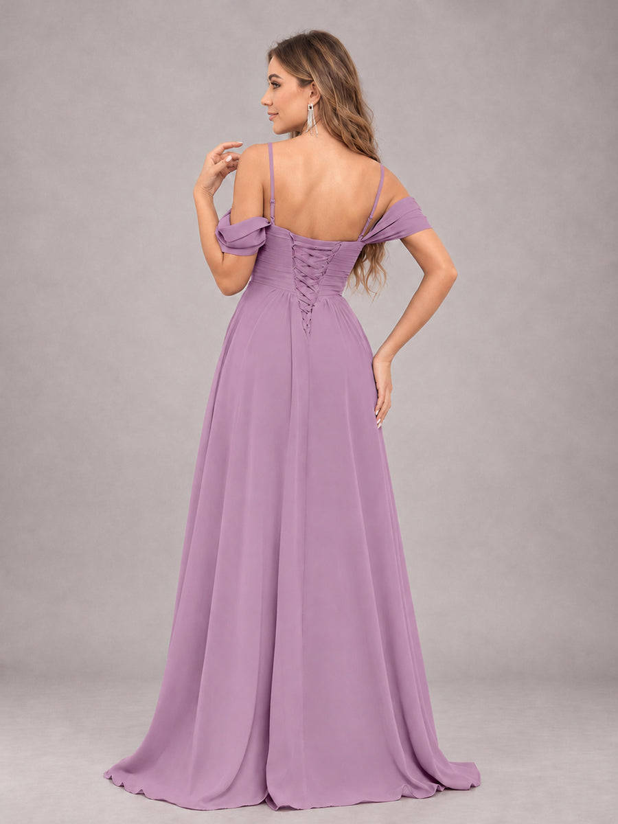 Dusty Purple Trendy Off The Shoulder Spaghetti Straps Chiffon Bridesmaid Dress