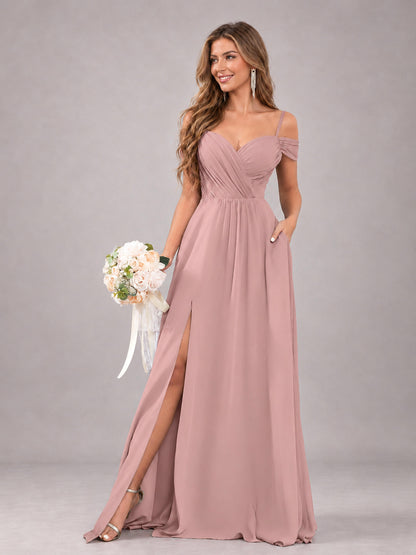 Dusty Rose Trendy Off The Shoulder Spaghetti Straps Chiffon Bridesmaid Dress