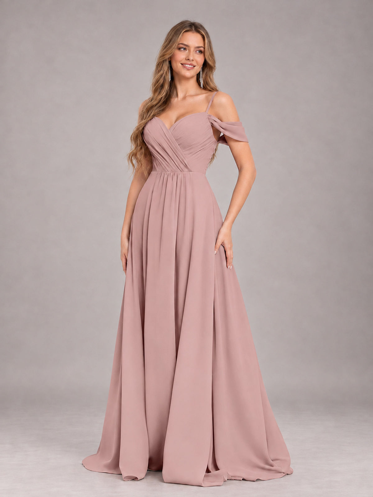Dusty Rose Trendy Off The Shoulder Spaghetti Straps Chiffon Bridesmaid Dress