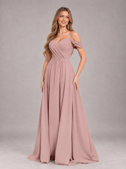 Dusty Rose Trendy Off The Shoulder Spaghetti Straps Chiffon Bridesmaid Dress