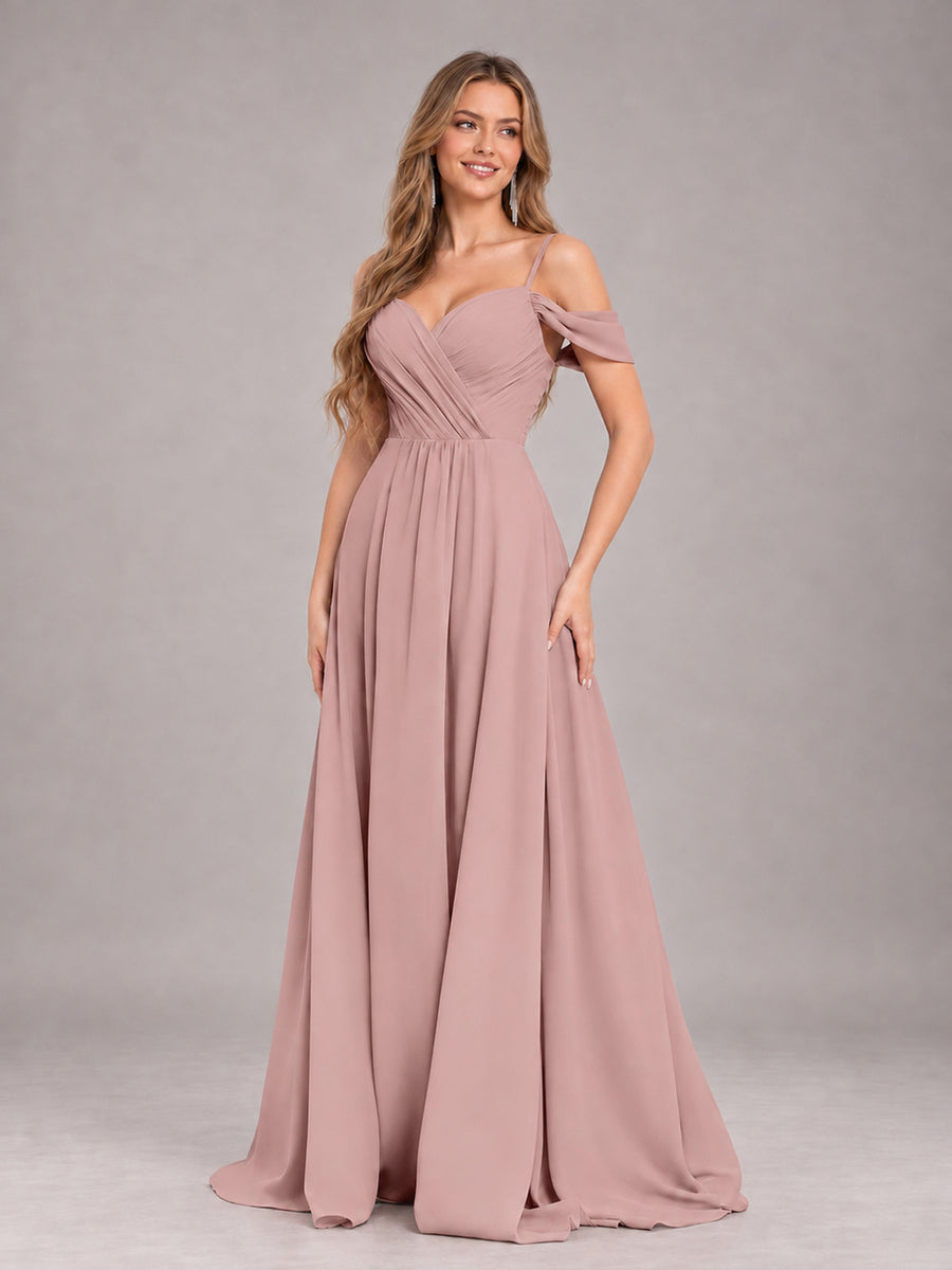 Dusty Rose Trendy Off The Shoulder Spaghetti Straps Chiffon Bridesmaid Dress