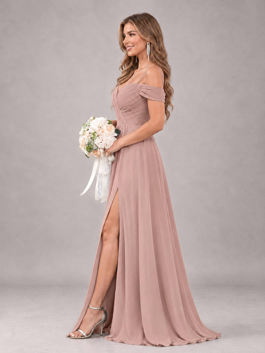 Dusty Rose Trendy Off The Shoulder Spaghetti Straps Chiffon Bridesmaid Dress