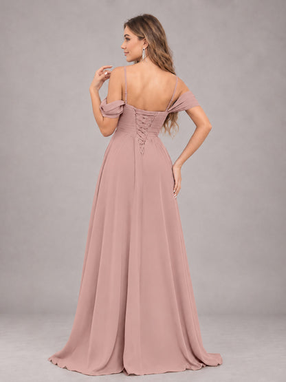 Dusty Rose Trendy Off The Shoulder Spaghetti Straps Chiffon Bridesmaid Dress