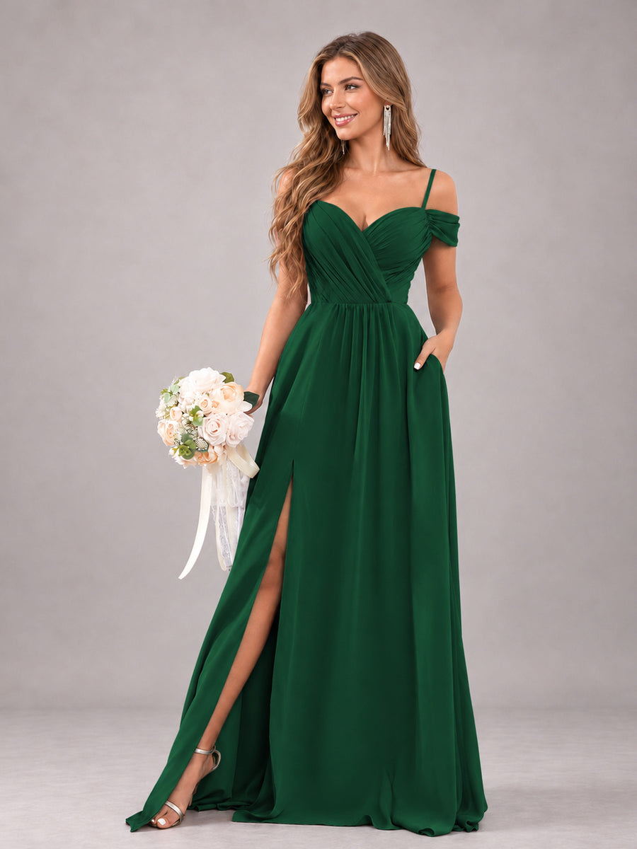 Emerald Green Trendy Off The Shoulder Spaghetti Straps Chiffon Bridesmaid Dress