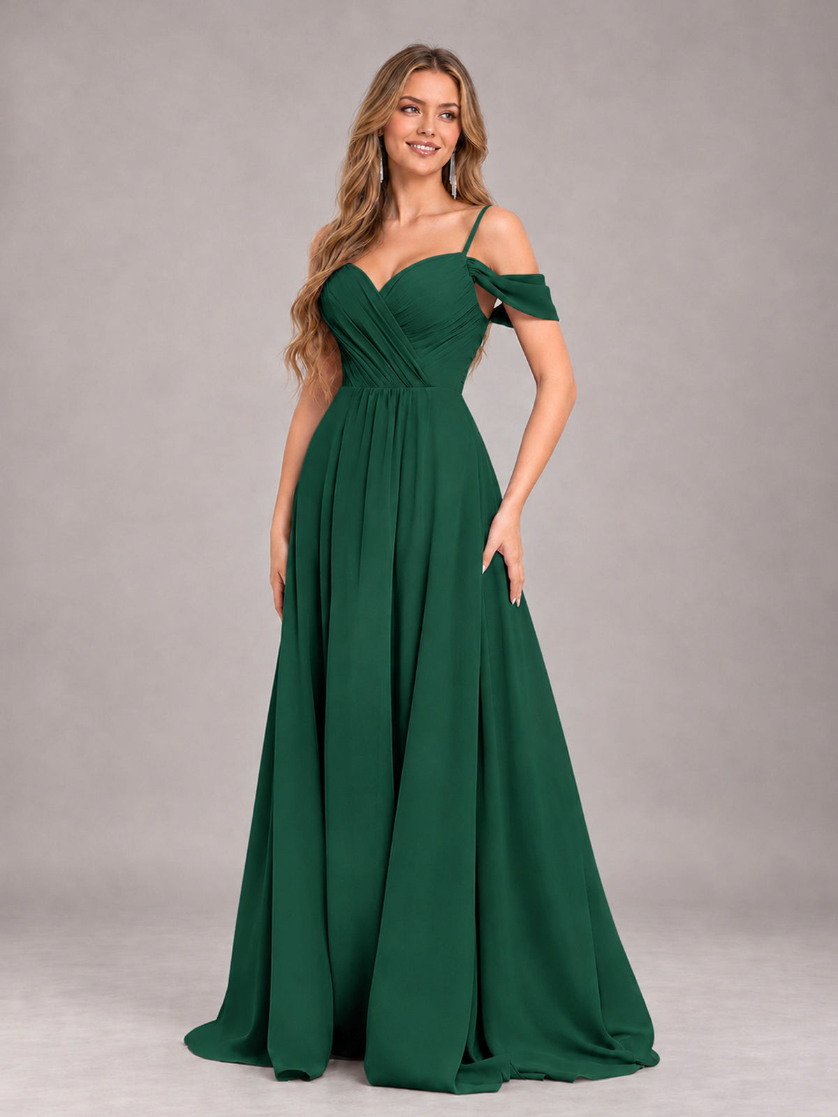 Emerald Green Trendy Off The Shoulder Spaghetti Straps Chiffon Bridesmaid Dress