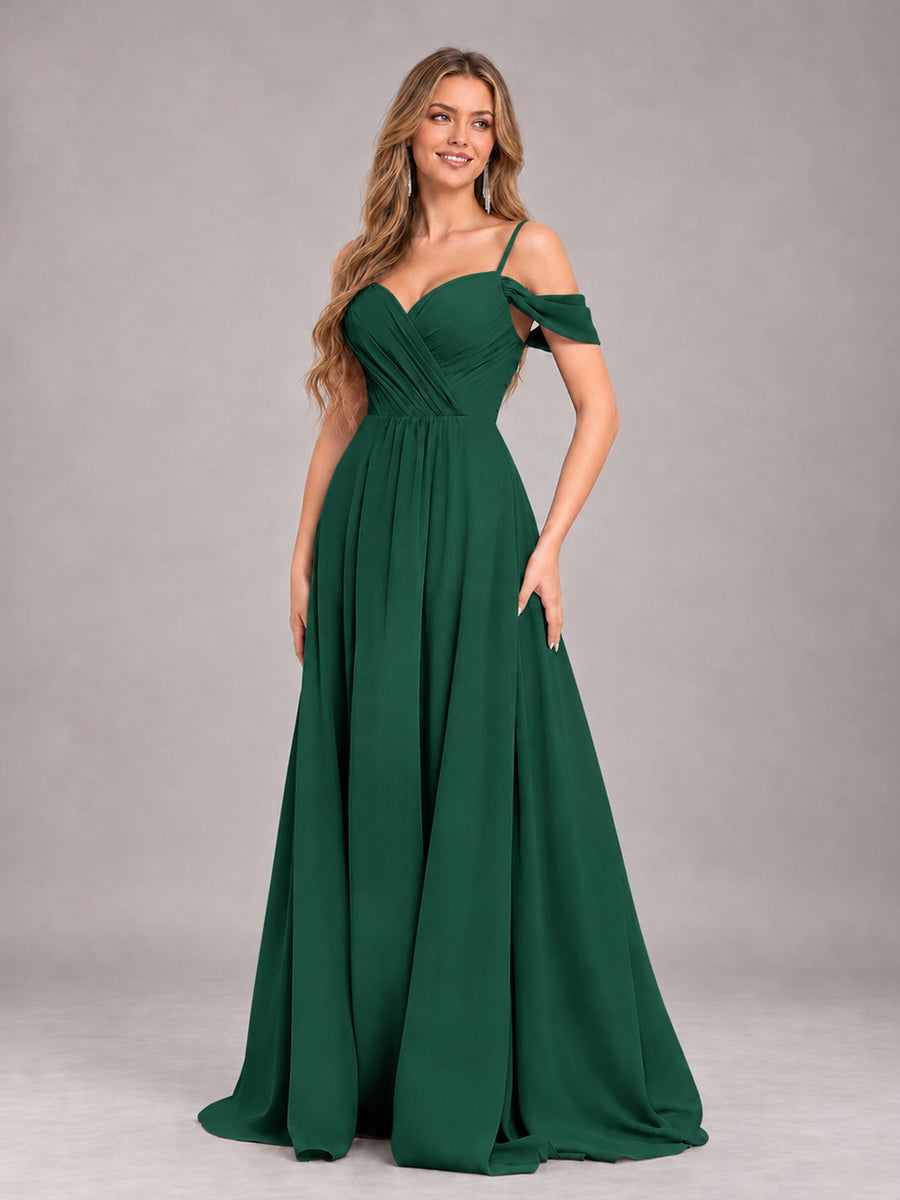 Emerald Green Trendy Off The Shoulder Spaghetti Straps Chiffon Bridesmaid Dress