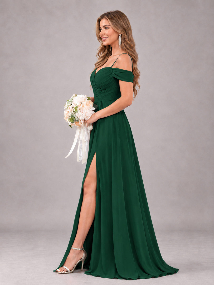 Emerald Green Trendy Off The Shoulder Spaghetti Straps Chiffon Bridesmaid Dress