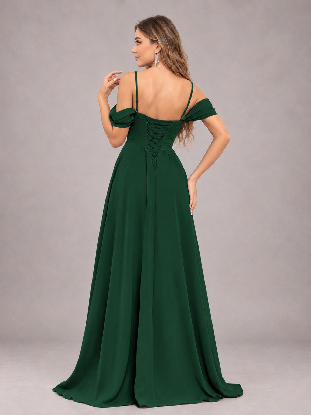 Emerald Green Trendy Off The Shoulder Spaghetti Straps Chiffon Bridesmaid Dress