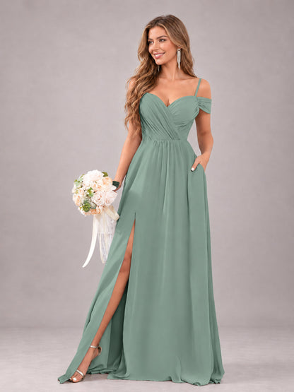 Eucalyptus Trendy Off The Shoulder Spaghetti Straps Chiffon Bridesmaid Dress