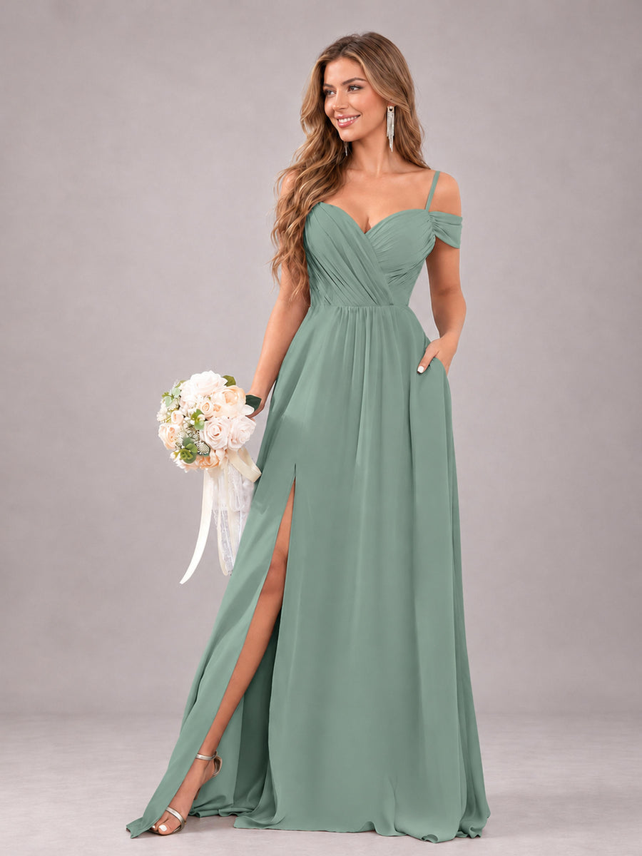 Eucalyptus Trendy Off The Shoulder Spaghetti Straps Chiffon Bridesmaid Dress