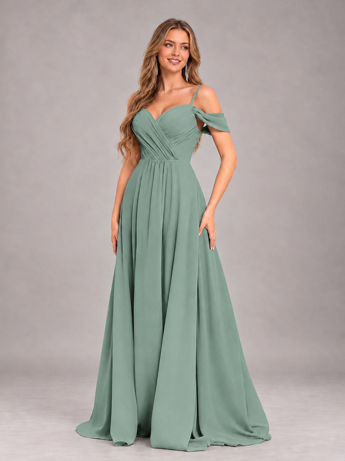 Eucalyptus Trendy Off The Shoulder Spaghetti Straps Chiffon Bridesmaid Dress