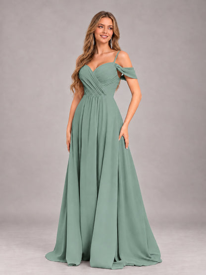 Eucalyptus Trendy Off The Shoulder Spaghetti Straps Chiffon Bridesmaid Dress