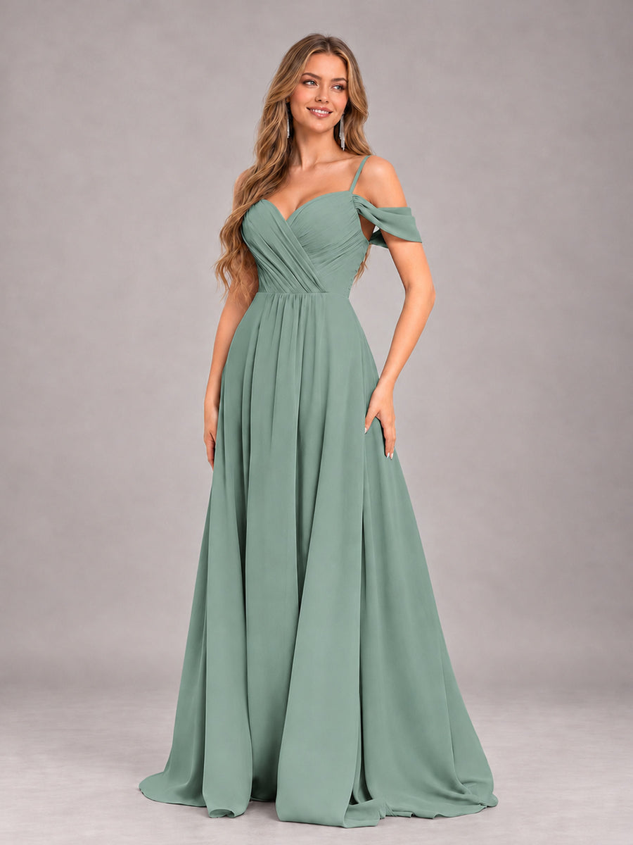 Eucalyptus Trendy Off The Shoulder Spaghetti Straps Chiffon Bridesmaid Dress