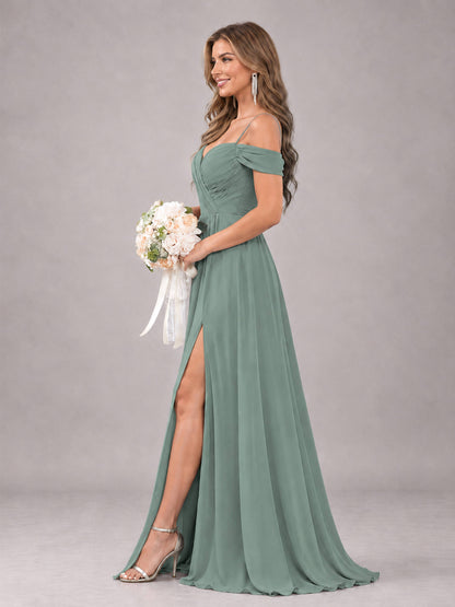 Eucalyptus Trendy Off The Shoulder Spaghetti Straps Chiffon Bridesmaid Dress