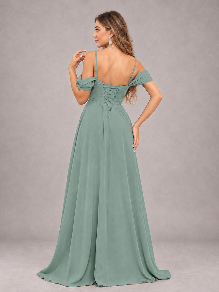 Eucalyptus Trendy Off The Shoulder Spaghetti Straps Chiffon Bridesmaid Dress