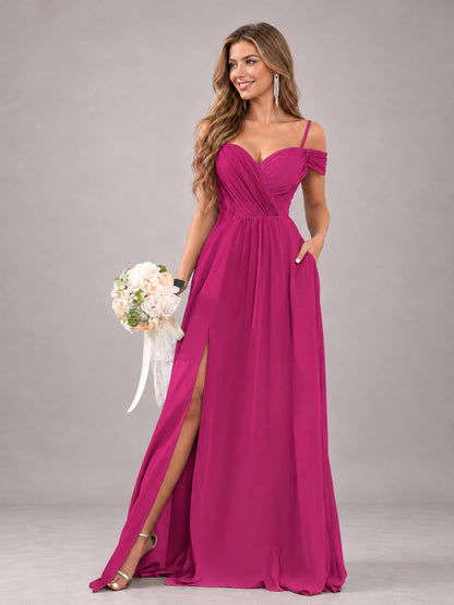 Fuchsia Trendy Off The Shoulder Spaghetti Straps Chiffon Bridesmaid Dress