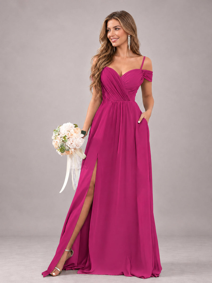Fuchsia Trendy Off The Shoulder Spaghetti Straps Chiffon Bridesmaid Dress