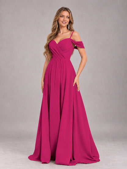 Fuchsia Trendy Off The Shoulder Spaghetti Straps Chiffon Bridesmaid Dress