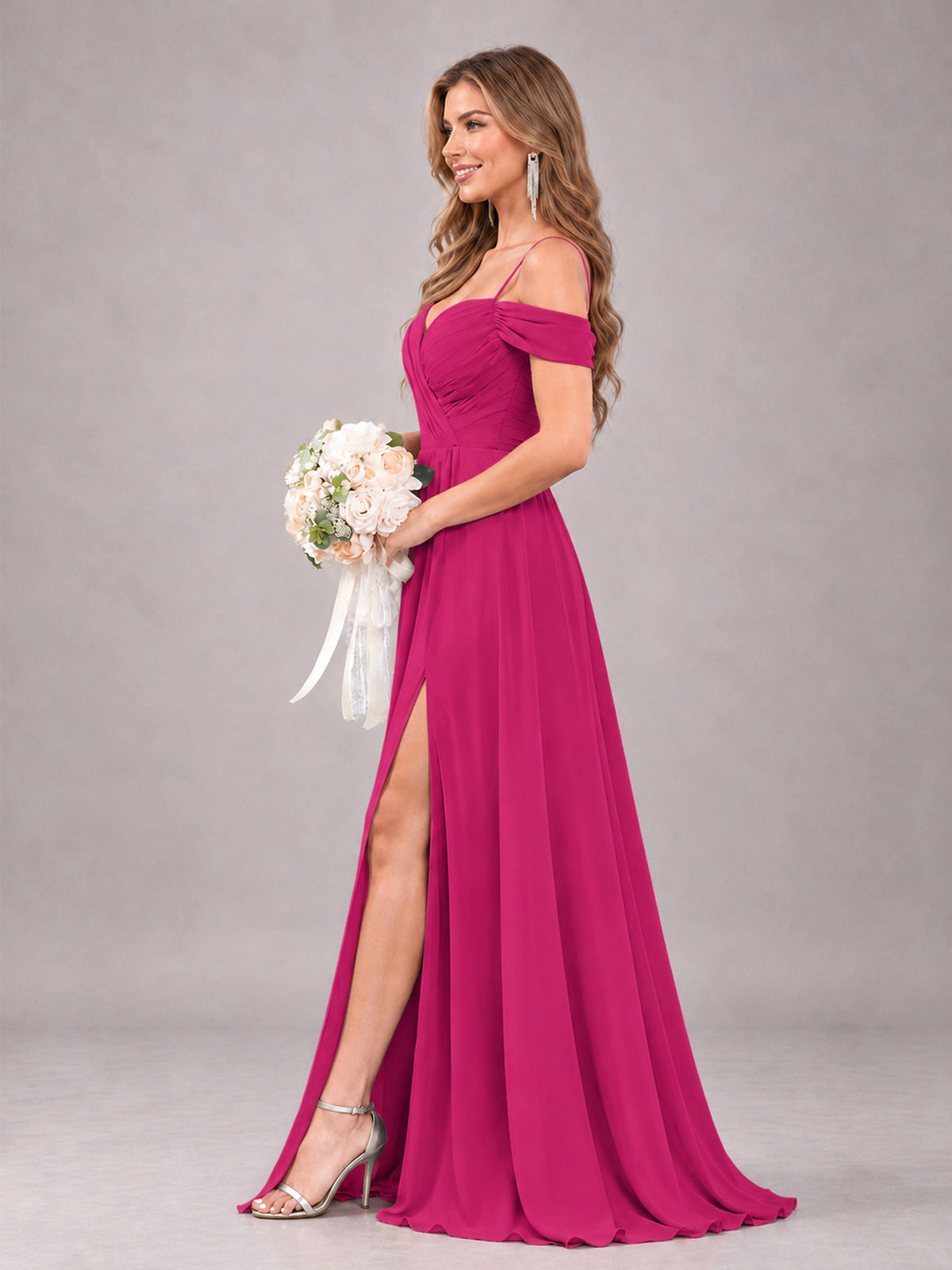 Fuchsia Trendy Off The Shoulder Spaghetti Straps Chiffon Bridesmaid Dress