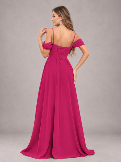 Fuchsia Trendy Off The Shoulder Spaghetti Straps Chiffon Bridesmaid Dress