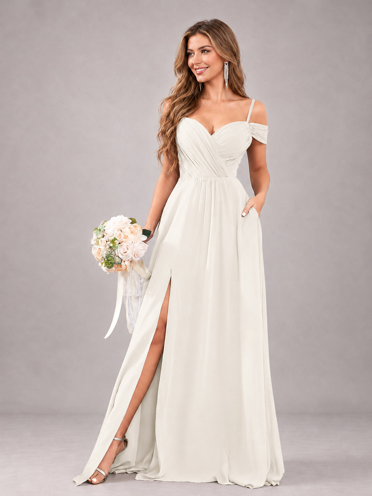 Ivory Trendy Off The Shoulder Spaghetti Straps Chiffon Bridesmaid Dress