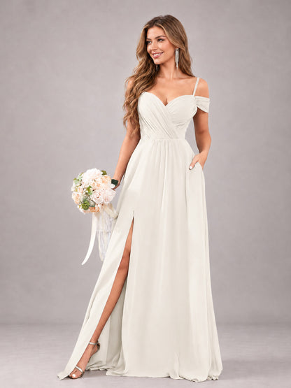 Ivory Trendy Off The Shoulder Spaghetti Straps Chiffon Bridesmaid Dress