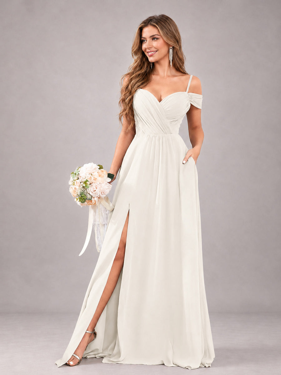 Ivory Trendy Off The Shoulder Spaghetti Straps Chiffon Bridesmaid Dress