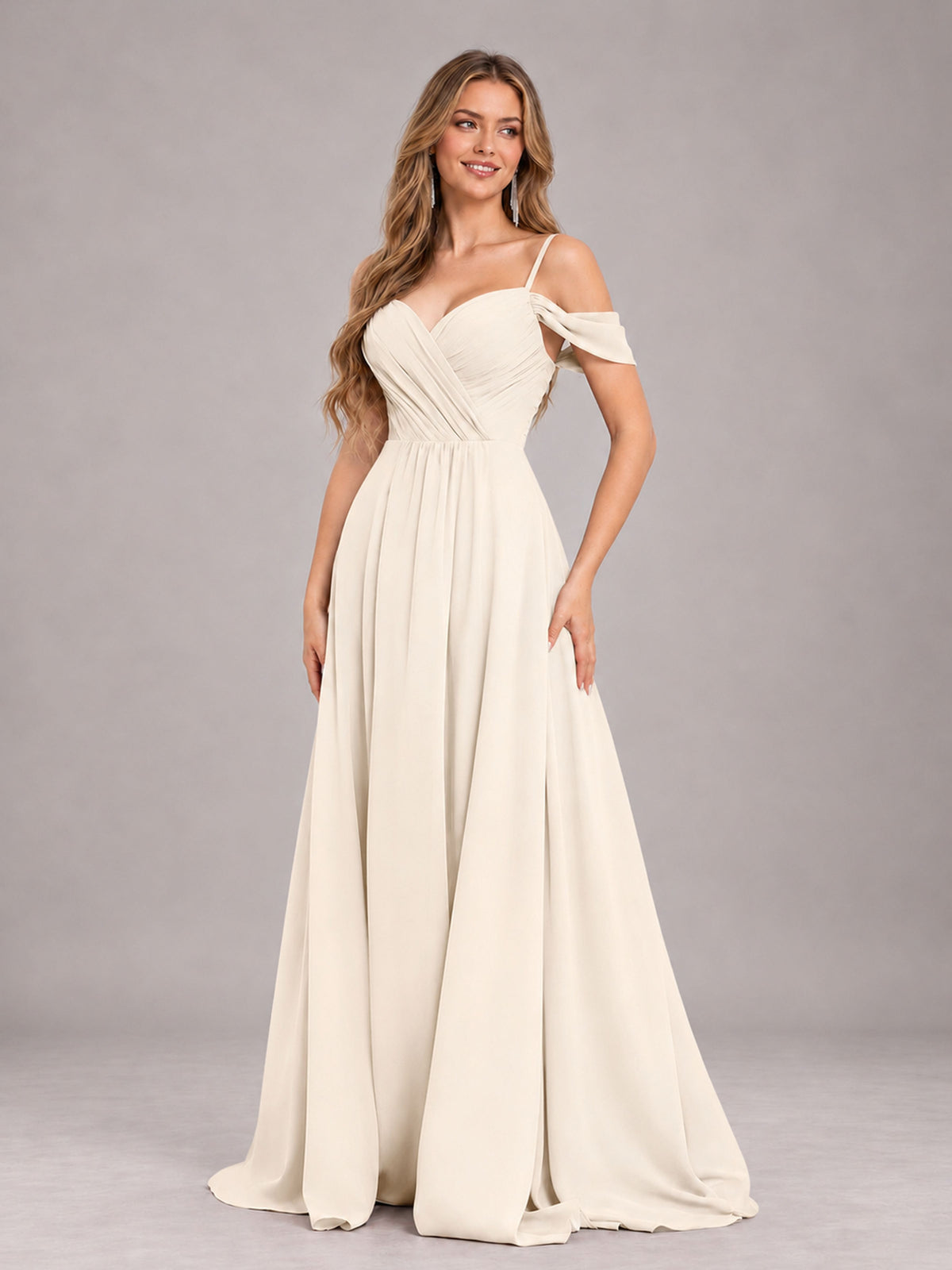 Ivory Trendy Off The Shoulder Spaghetti Straps Chiffon Bridesmaid Dress