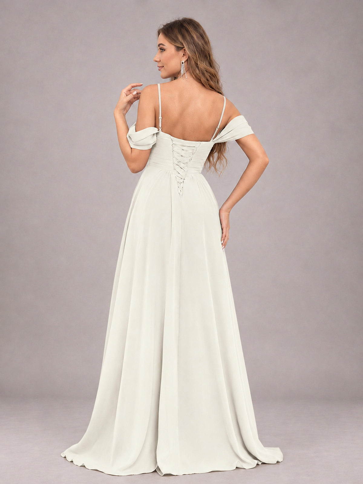 Ivory Trendy Off The Shoulder Spaghetti Straps Chiffon Bridesmaid Dress