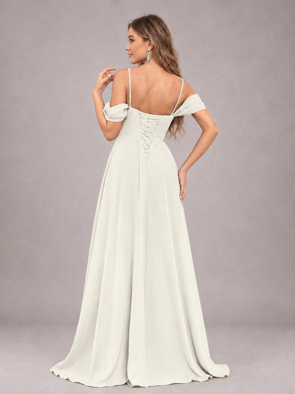 Ivory Trendy Off The Shoulder Spaghetti Straps Chiffon Bridesmaid Dress