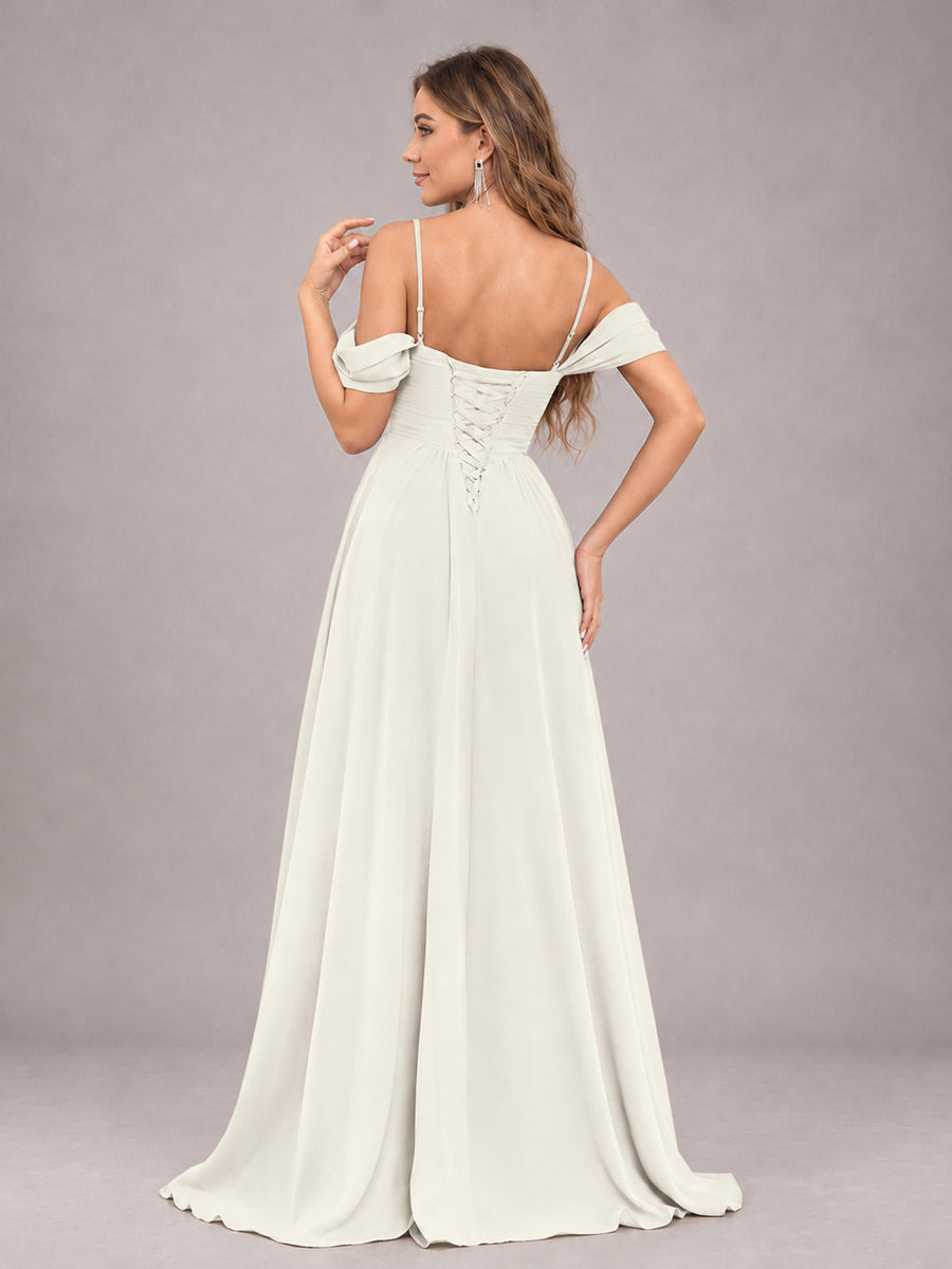Ivory Trendy Off The Shoulder Spaghetti Straps Chiffon Bridesmaid Dress