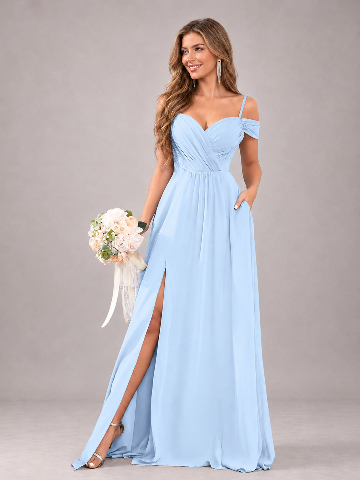 Light Blue Trendy Off The Shoulder Spaghetti Straps Chiffon Bridesmaid Dress