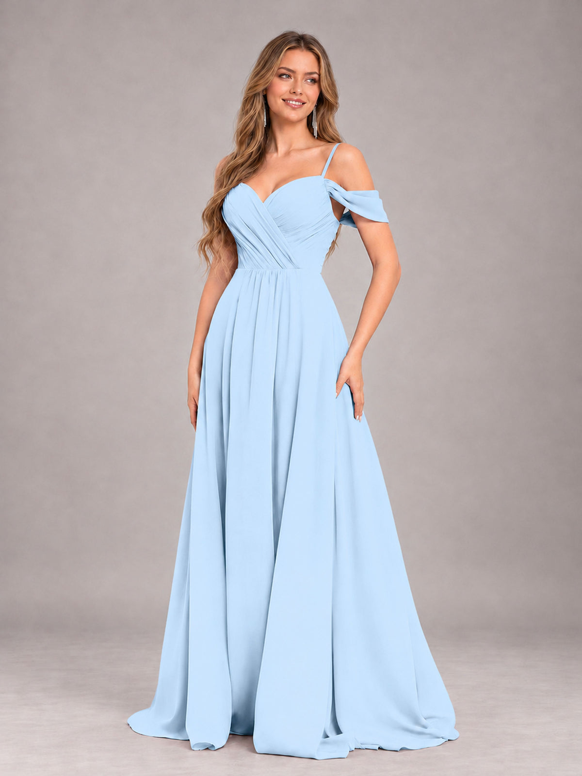 Light Blue Trendy Off The Shoulder Spaghetti Straps Chiffon Bridesmaid Dress