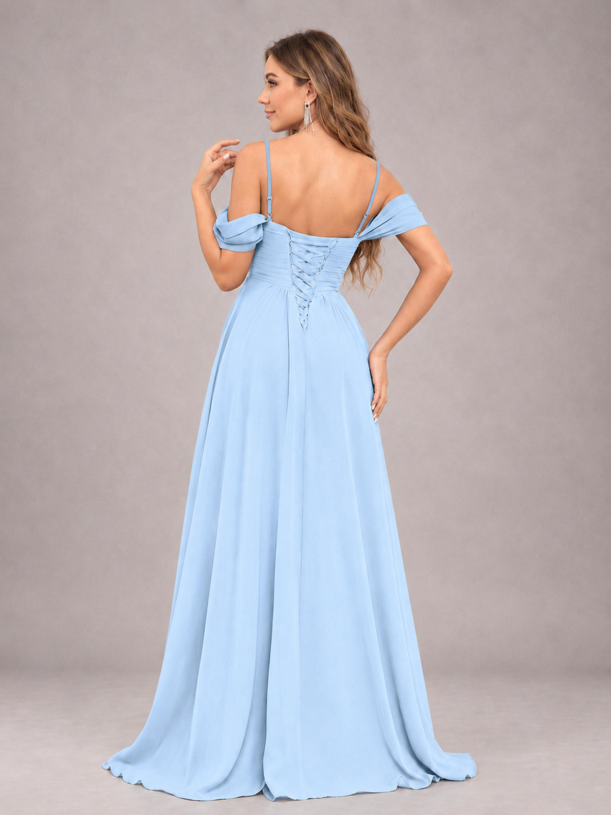 Light Blue Trendy Off The Shoulder Spaghetti Straps Chiffon Bridesmaid Dress