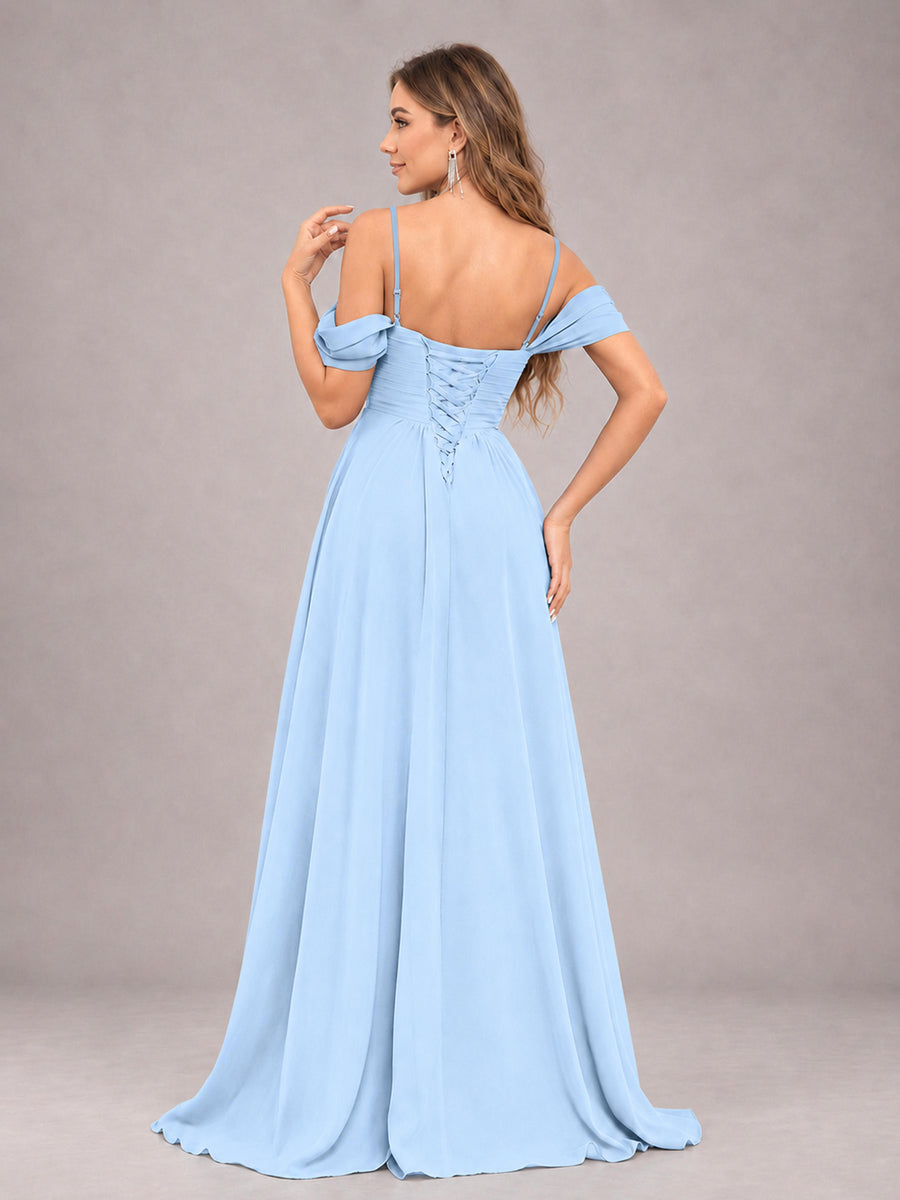 Light Blue Trendy Off The Shoulder Spaghetti Straps Chiffon Bridesmaid Dress